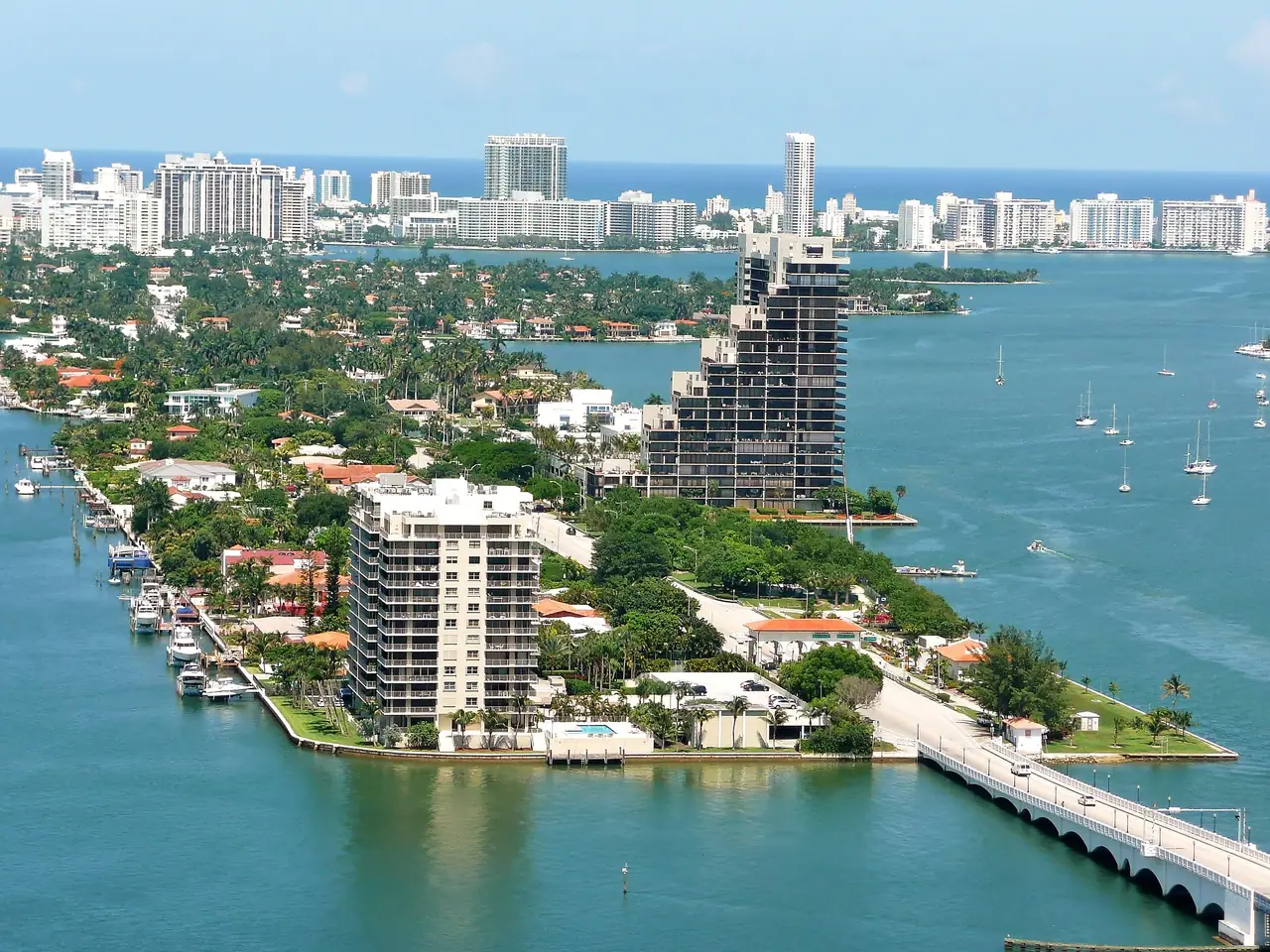 The Venetian Islands and causeway surrounded by Biscayne Bay.